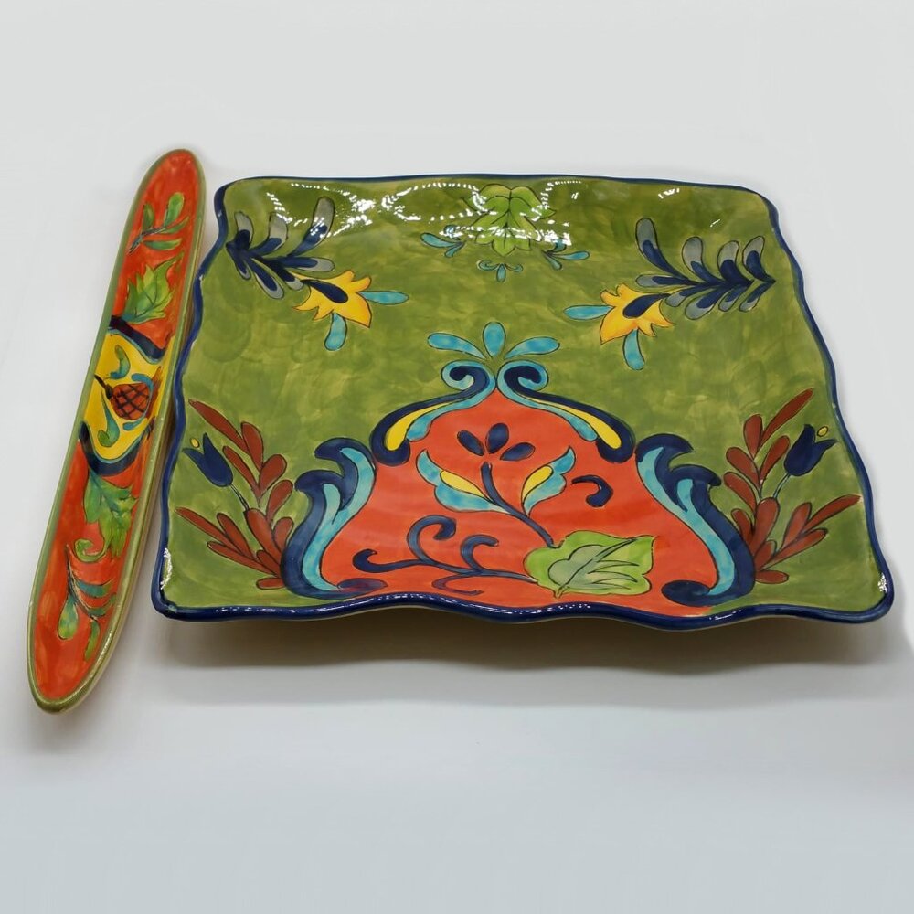 2pc Vintage Talavera Set - Large Square Platter Tray & Matching Olive Tray